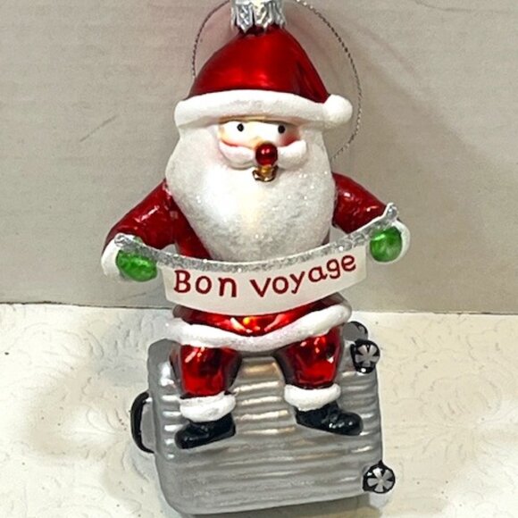 Bon Voyage Travel Christmas Santa Suitcase Glass Glitter Ornament 5"๐ - Picture 1 of 9